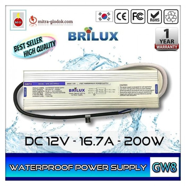 Power Supply Trafo Brilux DC 12V 16.7A | 200W (Waterproof) Power Supply Trafo Brilux DC 12V 16.7A | 200W (Waterproof)